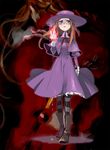  1girl anita_(vampire) aqua_eyes blue_eyes boots braid brown_footwear brown_hair capelet dee_(vampire) fire flame from_behind full_body hat highres long_hair pantyhose purple_skirt sad skirt striped striped_legwear teenage twin_braids vampire_(game) walking yutaka7 