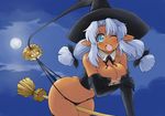  bare_shoulders blue_eyes blue_hair blush breasts broom broom_riding bustier cleavage corset dark_skin elbow_gloves gloves halloween hat highres jack-o'-lantern large_breasts lingerie naitou_kouse navel one_eye_closed open_mouth original pointy_ears pumpkin solo twintails underwear wedgie witch_hat 