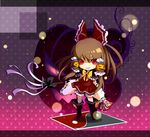  adapted_costume bad_id bad_pixiv_id banned_artist bow brown_hair chibi detached_sleeves food_themed_hair_ornament gradient gradient_background hair_ornament hakurei_reimu halloween pink_background pumpkin_hair_ornament purple_background red_eyes ria short_hair solo touhou 