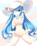  bad_id bad_pixiv_id bandage_over_one_eye bandages bare_legs barefoot bikini blue_eyes blue_hair bow breasts covered_nipples creature eating feeding flower food hair_flower hair_ornament hat hat_bow long_hair looking_at_viewer medium_breasts object_on_head pannon phantasy_star phantasy_star_universe pink_bikini plaid plaid_background pointy_ears popsicle pov_feeding rin_(ateria) simple_background sitting solo sun_hat swimsuit wariza 