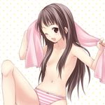  brown_eyes brown_hair flat_chest highres long_hair navel one_eye_closed open_mouth original panties sitting solo striped striped_panties towel underwear usashiro_mani wet 