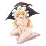  amino_dopple bad_id bad_pixiv_id barefoot between_thighs blonde_hair braid breasts full_body hair_censor hair_over_breasts hat kirisame_marisa leaning_forward legs long_hair medium_breasts nude open_mouth simple_background sitting smile solo spread_legs touhou v_arms wariza witch_hat yellow_eyes 