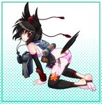  all_fours ass backpack bag barefoot black_hair black_legwear black_wings butt_crack feet hat head_wings leggings looking_at_viewer nyanta open_clothes open_skirt panties polka_dot pouch red_eyes shameimaru_aya short_hair side-tie_panties skirt solo striped striped_panties tail toeless_legwear tokin_hat touhou underwear wings 