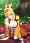  1girl absurdres baicha bangs black_gloves blonde_hair blush bow breasts breasts_outside closed_mouth collarbone day folded_ponytail gloves granblue_fantasy grass hair_between_eyes hair_bow hair_ornament hair_stick highres japanese_clothes katana kimono large_breasts long_sleeves looking_at_viewer mirin_(granblue_fantasy) nipples no_bra outdoors petals red_bow sheath sheathed sitting smile sword tree weapon wide_sleeves 