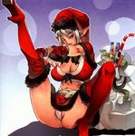  absurdres bag boots box breasts christmas christmas_elf echidna elf f.s. flexible hat high_heels highres large_breasts lips long_hair panties pointy_ears queen's_blade santa_costume santa_hat shoes skirt snake solo thigh_boots thighhighs underwear wedgie 