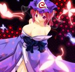  bare_shoulders blue_dress blush body_blush breasts bug butterfly cleavage clothes_down covered_nipples dress dutch_angle endou_tatsumi glowing hat hips insect japanese_clothes kimono large_breasts lips looking_at_viewer no_bra obi pink_eyes pink_hair purple_background purple_eyes red_background red_eyes red_hair saigyouji_yuyuko sash shiny shiny_skin short_hair smile solo standing touhou triangular_headpiece 