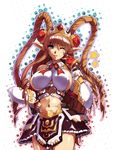  blue_eyes blush breasts brown_hair covered_nipples hisahiko huge_breasts long_hair midriff navel neige_hausen one_eye_closed pointy_ears sideboob solo super_robot_wars super_robot_wars_og_saga_mugen_no_frontier super_robot_wars_og_saga_mugen_no_frontier_exceed 