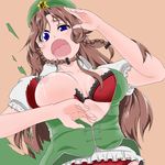  blue_eyes bra braid breast_slip breasts brown_hair china_dress chinese_clothes dress fang hat hong_meiling large_breasts lingerie long_hair nipples one_breast_out shigeruoomi solo tearing_clothes torn_clothes touhou twin_braids underwear wardrobe_malfunction 