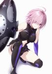  ahoge armor bee_doushi commentary_request elbow_gloves fate/grand_order fate_(series) gloves hair_over_one_eye highres mash_kyrielight midriff navel one_knee pink_hair purple_eyes shield short_hair solo white_background 