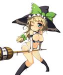  adapted_costume bad_proportions blonde_hair blue_eyes bow braid breasts broom cleavage comcom elbow_gloves gloves hat kirisame_marisa large_breasts navel one_eye_closed panties revealing_clothes short_hair solo touhou underwear witch_hat 
