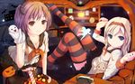  bad_id bad_pixiv_id blonde_hair blue_eyes brown_eyes copyright_request halloween hand_puppet hands hoippu horns multiple_girls phone puppet striped striped_legwear thighhighs zettai_ryouiki 