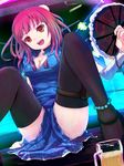  alcohol beer black_legwear breasts china_dress chinese_clothes cleavage dress fan hands happy hoippu legs medium_breasts open_mouth original red_hair short_hair sitting solo spread_legs thighhighs 