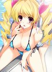  bikini blonde_hair blush breasts cleavage covered_nipples cure_peach drain_(object) fresh_precure! hair_ornament heart heart_hair_ornament iizuki_tasuku large_breasts long_hair magical_girl momozono_love o-ring o-ring_top open_mouth pool precure shirt side-tie_bikini sitting solo swimsuit t-shirt twintails wariza 