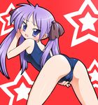 blush cameltoe from_behind hiiragi_kagami lucky_star one-piece_swimsuit open_mouth purple_hair school_swimsuit swimsuit tanuki_yousuke twin_tails twintails 