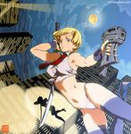  armpits blonde_hair brown_eyes crop_top gun katana midriff moon necktie original panties short_hair solo sword thighhighs underwear weapon yasumori_zen 