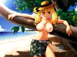  absurdres against_tree beach bikini_tan black_sarong blonde_hair breasts breasts_apart cloud day drill_hair floral_print hat highres ino large_breasts leaf lens_flare light_rays long_hair navel nipples ocean oshioki_sweetie outdoors outstretched_arms print_sarong red_eyes sarong shadow shinmeiji_rinn shiny shiny_skin sky smile solo spread_arms sun sun_hat sunbeam sunlight tan tanline topless tree twin_drills twintails water 