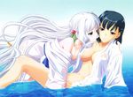  aoi_shiro blue_hair blush breasts day hair_ornament highres long_hair medium_breasts multiple_girls nami_(aoi_shiro) no_bra no_panties open_clothes open_shirt osanai_shouko shirt short_hair sky very_long_hair water wet white_hair yasaka_minato yuri 