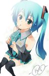  aqua_hair bad_id bad_pixiv_id blue_nails detached_sleeves drinking_straw from_above green_eyes hands hatsune_miku juice_box kousou long_hair nail_polish necktie sitting skirt solo thighhighs twintails vocaloid zettai_ryouiki 
