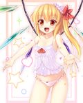  :d bare_shoulders beckoning blonde_hair blush bow bow_panties camisole fang flandre_scarlet hat lingerie long_hair nullken one_side_up open_mouth orange_eyes outstretched_arms panties smile solo spread_arms strap_slip touhou underwear wings 