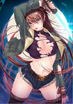  areola_slip areolae arm_up belt blue_eyes blush breasts brown_hair crop_top denim denim_shorts fingerless_gloves full_moon gloves jacket kresnik_~saiin_ni_modaeru_kyuuketsuki_hunter~ large_breasts long_hair midriff moon night no_bra nobushito official_art open_clothes open_jacket open_mouth outdoors sagara_ren short_shorts shorts solo standing sweat sword thighhighs torn_clothes turtleneck very_long_hair weapon wide_hips 