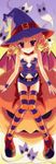  absurdres bat_wings blonde_hair blue_legwear copyright_request drill_hair flat_chest ghost halloween hat highres jack-o'-lantern long_image nanao_naru orange_legwear pumpkin purple_eyes short_hair short_shorts short_twintails shorts solo stick_poster striped striped_legwear tall_image thighhighs twin_drills twintails wings witch_hat 