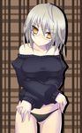  bad_id bad_pixiv_id bare_shoulders bottomless brown_eyes glasses hands highres original pale_skin panties silver_hair solo sweater tsukumiya_amane underwear 