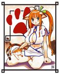  2003 animal_ears blush breasts cat cat_ears china_dress chinese_clothes cleavage covered_nipples dated dress green_eyes huge_breasts long_hair looking_at_viewer midriff navel orange_hair original panties paw_print petting ponytail ryoji_(nomura_ryouji) short_sleeves side_ponytail sidelocks solo underwear 