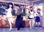  2boys 2girls absurdres alternate_costume black_hair blue_eyes crossdressing enmaided green_hair hand_on_hip hibiki_yuuta highres holding japanese_clothes lavender_hair long_hair maid multiple_boys multiple_girls official_art pink_hair red_eyes red_hair school_uniform serafuku shinjou_akane short_hair shosei side_ponytail sign ssss.gridman takarada_rikka utsumi_shou 