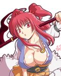  :o areola_slip areolae bangs breasts cleavage collarbone covered_nipples hair_bobbles hair_ornament highres large_breasts leaning_forward lips obi onozuka_komachi open_clothes open_shirt over_shoulder red_eyes red_hair sash scythe shirt short_hair sidelocks solo touhou two_side_up yuro 