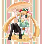  blonde_hair bun_cover cheese double_bun food food_as_clothes food_themed_clothes garters hamburger hat in_food minigirl mouth_hold original panties pantyshot smile solo takamura_masaya thighhighs twintails underwear 