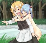  blonde_hair blue_hair bow breasts clothed_female_nude_female forest grass hair_bobbles hair_bow hair_ornament hug kawashiro_nitori kirisame_marisa multiple_girls nature nude open_mouth sideboob small_breasts smile sweatdrop touhou wince yellow_eyes yunuki_uta 