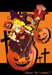  bad_id bad_pixiv_id blonde_hair blue_eyes braid broom costume gen_1_pokemon gen_2_pokemon halloween happy_halloween hat highres jack-o'-lantern kirisame_marisa orange_background pichu pikachu pokemon pokemon_(creature) pontoro pumpkin short_hair touhou witch_hat 