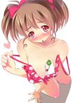  bad_anatomy bad_id bad_pixiv_id between_breasts bikini bikini_pull blush breast_squeeze breasts brown_hair cleavage clover envelope foreshortening four-leaf_clover frilled_bikini frills from_above front-tie_top hair_ribbon hanging_breasts heart kneeling large_breasts letter lipstick looking_up makeup nail_polish open_mouth original pulled_by_self red_eyes ribbon shie_(m417) short_twintails simple_background solo strap_slip swimsuit twintails 