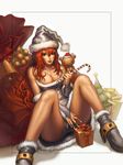  bear bell black_santa_costume breasts candy candy_cane chrisnfy85 christmas_tree cleavage copyright_request food fur_trim gift hat highres holding holding_candy_cane large_breasts legs long_hair red_eyes red_hair santa_costume solo 