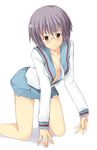  all_fours bad_id bad_pixiv_id brown_eyes grey_hair highres kazumu kita_high_school_uniform nagato_yuki no_bra open_clothes open_shirt school_uniform serafuku shirt short_hair smile solo suzumiya_haruhi_no_yuuutsu 