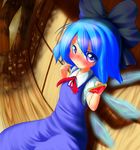  blue_hair blush bow cirno food hair_bow osatsu popsicle short_hair solo touhou watermelon_bar wings 