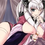  bad_id bad_pixiv_id blue_eyes breast_press breasts breasts_outside chinese_clothes eyeshadow finger_to_mouth headdress huge_breasts imacchi long_hair makeup nipples one_eye_closed open_mouth sangokushi_taisen solo thighhighs white_hair zhang_chunhua_(sangokushi_taisen) 