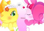  chaco_(cocotama) clothing cocotama confusion felid feline female fur hirake!_cocotama kissing lagomorph maid_uniform mammal mrsorange pants pink_fur pink_ribbon pocky pocky_game ribbon_(cocotama) semi-anthro uniform yellow_fur 