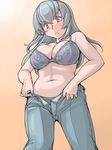  blush bra breasts denim dressing jeans large_breasts lingerie navel older open_fly panties pants red_eyes rozen_maiden silver_hair solo suigintou tsuda_nanafushi underwear unzipped weight_conscious 