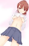  bad_id bad_pixiv_id brown_hair covering covering_breasts kuro_(be_ok) mouth_hold original red_eyes shirt_lift skirt solo 
