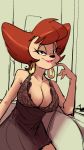  2019 anthro babydoll bedroom_eyes big_breasts breasts canid canine canis cleavage clothed clothing dbaru disney domestic_dog ear_piercing ear_ring goof_troop hair half-closed_eyes lingerie lipstick looking_at_viewer makeup mammal nightgown peg_pete piercing pose red_hair seductive simple_background sitting smile solo 