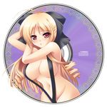  ahoge blonde_hair blush breasts cd covered_nipples hair_ribbon hayate_no_gotoku! highres large_breasts long_hair red_eyes ribbon slingshot_swimsuit solo swimsuit takelu tennousu_athena 