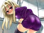  ass black_legwear blonde_hair blush breasts glasses large_breasts long_hair looking_at_viewer original purple_eyes ribbed_sweater solo sunlight sweat sweater thighhighs thighs tokita_monta wet window zettai_ryouiki 