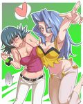  armpits belt black_hair blue_eyes blue_hair bracelet breast_press breasts cleavage denim elite_four flipped_hair gym_leader hair_over_one_eye heart jeans jewelry karin_(pokemon) large_breasts long_hair multiple_girls natsume_(pokemon) navel pants pokemon pokemon_(game) pokemon_hgss sweatdrop zaitsu 