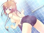  against_wall bath bathroom breasts brown_hair censored game_cg irie_mitsuki long_hair medium_breasts mosaic_censoring nipples one-piece_swimsuit ponytail purple_eyes satou_satoru showering solo swimsuit swimsuit_pull topless tsukushite_ageru_no_ni! wet 