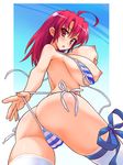  ahoge ass bikini blush bow breast_lift breasts from_below huge_breasts itoji long_hair looking_back looking_down nipples original red_eyes red_hair side-tie_bikini solo striped striped_bikini swimsuit thighhighs thong_bikini untied 