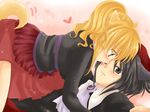  1girl animal_ears black_hair blonde_hair cat_ears couple dog_ears hetero kanon_(umineko) licking maekawa_suu ponytail skirt tail umineko_no_naku_koro_ni ushiromiya_jessica 