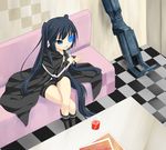  arm_cannon bad_id bad_pixiv_id black_hair black_rock_shooter black_rock_shooter_(character) blue_eyes boots burning_eye coat crossed_legs drink karaoke long_hair makai_no_koutaishi microphone music shorts singing sitting solo twintails very_long_hair weapon 