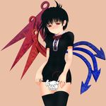  ahoge black_hair blush censored character_censor dress dress_lift embarrassed houjuu_nue ishikkoro novelty_censor patchouli_knowledge red_eyes simple_background solo sweatdrop thighhighs touhou wings zettai_ryouiki 