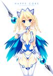  bare_shoulders blonde_hair blue_eyes blush breasts cleavage copyright_request elf highres kinoshita_ichi large_breasts panties pointy_ears polearm solo thigh_gap underwear weapon wings 